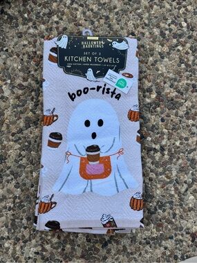 "boo-rista" Coffee Drinking Ghost Viral Beige Halloween Kitchen Towel Set of 3